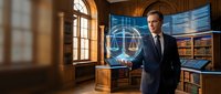 Professional male lawyer in dark suit standing in traditional law office with holographic scales of justice and digital legal technology interface.