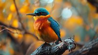 Common kingfisher perched on branch against blurred autumn background, vibrant blue and orange feathers in natural habitat, soft bokeh lighting creates dreamy atmosphere.