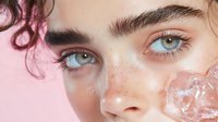 Close up portrait of young woman with bright blue eyes, freckles and natural makeup holding ice cube against skin for beauty treatment and cooling effect.