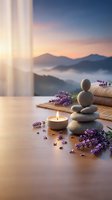 Zen spa composition with stacked stones, lavender flowers and burning candle on wooden surface at sunset for relaxation and wellness treatments.