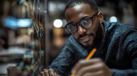 Young African American male professional in glasses writing on transparent board, focused expression while working late in modern office environment with bokeh lighting.