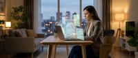 Young Asian businesswoman analyzing holographic financial data charts on laptop in modern apartment with city skyline view during evening hours.