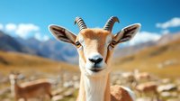Young gazelle with curious expression against mountain landscape, close up portrait of wild antelope with distinctive horns and tan fur in natural habitat.