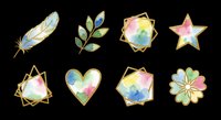 Watercolor boho clipart set with feather, leaf branch, star, heart, flower, and geometric frames in pastel tones with gold outlines, isolated on transparent background for stickers and print on demand.