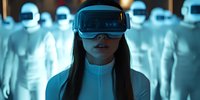 Young Asian woman wearing virtual reality headset surrounded by glowing digital avatars in futuristic environment with blue lighting and technological atmosphere.
