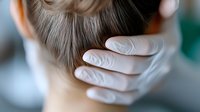 Medical professional wearing protective latex gloves examining patient's head and neck during healthcare checkup or treatment in clinical setting. Soft focus medical concept.