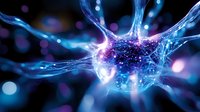 Glowing neuron cell with electric blue synapses and purple nucleus showing neural network activity and brain connections for medical and scientific concepts.