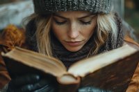 Young Caucasian woman in warm winter clothing reading book outdoors. Close up portrait with natural lighting captures peaceful moment of literary escape in cold weather.