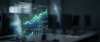 Financial trading dashboard with green stock market charts and data analytics displayed on transparent screen for investment analysis and business decisions.