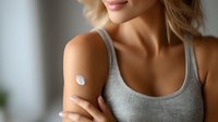 Young Caucasian woman in gray tank top with round white medical patch or sensor on upper arm, soft natural lighting creates intimate healthcare moment.