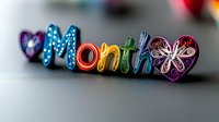 Colorful rainbow text spelling month with decorative hearts and flower elements in quilled paper art style on neutral background. For calendar or planner design.
