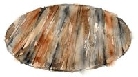 Weathered wood plank oval shape with natural grain texture and rustic brown tones, isolated on white background for design and craft projects.