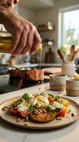 Chef drizzling golden olive oil over gourmet salad with fresh vegetables, mozzarella and nuts in modern kitchen. Food preparation and culinary arts concept for restaurants and cooking content.