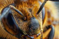 Extreme macro photography of honey bee head showing detailed compound eyes, antennae, and golden-brown fur. Stunning close-up reveals intricate insect anatomy.
