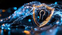 Glowing shield with keyhole symbol surrounded by dynamic blue light waves and water splashes on dark background, representing cybersecurity and digital protection.