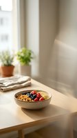 Breakfast cereal bowl with fresh berries and banana slices on wooden table by sunny window with potted plants and folded napkins for healthy eating.
