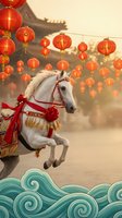White horse with red harness leaping over stylized waves beneath glowing red lanterns in warm golden light for lunar new year celebrations.
