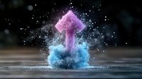 Magical upward arrow emerging from blue powder cloud explosion with pink dust particles against dark background, dynamic motion capture for business concepts.