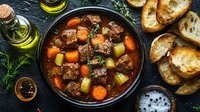 Beef stew with root vegetables and herbs simmering in cast iron pot, served with toasted bread slices and olive oil.