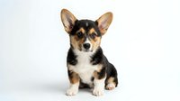 Adorable Pembroke Welsh Corgi puppy sitting on white background, isolated cute dog with tricolor coat, pet portrait for design projects.