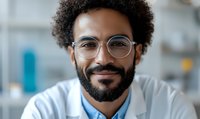 Smiling African American male medical professional with glasses, afro hair and beard wearing white coat and blue shirt in modern healthcare setting.