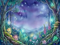 Enchanted forest clearing at night with glowing flora, luminescent plants, and magical atmosphere under starlit sky with crescent moon, surrounded by twisted trees framing mystical landscape for fantasy and children's book illustrations.