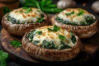 Baked portobello mushroom caps filled with creamy spinach and melted mozzarella cheese, garnished with fresh herbs on rustic wooden board. Dark food photography.
