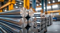 Stacked metal rods with circular ends in industrial warehouse setting, showing raw materials storage and manufacturing facility with overhead cranes and machinery.
