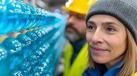 Female construction inspector in gray beanie examining blue plastic pipes at industrial site while male worker in safety vest and hardhat supervises in background.