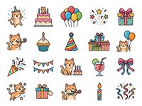 Cute cat celebrating party with balloons, gifts, cake, and festive decorations. Isolated clipart set ready for invitations, greeting cards, and design projects.