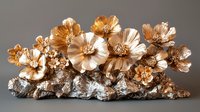 Golden metallic flowers arranged on a textured silver base, creating an elegant decorative sculpture for luxury home decor or event centerpiece.