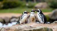 Three African penguins huddle together on rocky shore, displaying social bonding behavior. Natural wildlife scene captures intimate moment between black and white seabirds.