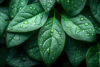 Fresh green leaves covered with morning dew drops in macro photography. Natural pattern showing water droplets on foliage surface after rain.