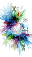 Colorful watercolor science laboratory equipment with DNA strands, test tubes, microscope and molecular structures on white background for educational design.