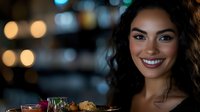 Young mixed race woman smiling at dinner with bokeh lights background, curly dark hair, white teeth, evening restaurant atmosphere, romantic date setting.