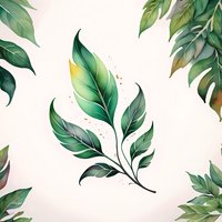 Watercolor green tropical leaves on white background create seamless pattern. Delicate botanical illustration with gradient effect and subtle pink splashes.