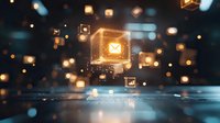 Glowing digital cubes with cross symbols floating in dark space above reflective surface, creating futuristic technological atmosphere.