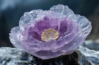 Delicate purple crystal flower with translucent petals and golden center rests on dark stone, showcasing intricate mineral formation in ethereal light.