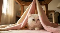 A fluffy white kitten with green eyes sits beneath draped pink and cream blankets in warm sunlight, creating a cozy, playful scene for pet, lifestyle, and home decor content.