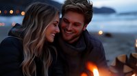 Young couple enjoying romantic evening by campfire on beach at sunset with warm bokeh lights creating intimate atmosphere for date night.