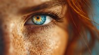 Extreme close-up of woman's bright blue eye with ginger hair and freckles on face, perfect for beauty, skincare, or identity concepts.