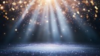 Magical light rays shine through darkness with golden bokeh particles and glitter scattered on sparkling surface, creating mystical atmospheric scene.