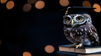 Wise owl wearing graduation cap perched on books against dark background with bokeh lights, symbolizing education and academic achievement.