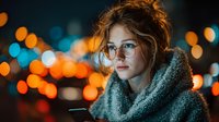 Young Caucasian woman with glasses and knit scarf against blurred city lights bokeh background at night. Urban lifestyle portrait for winter fashion concepts.