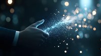 Magical glowing particles emanate from pointing hand gesture against dark background with bokeh lights, creating mystical ethereal effect for fantasy and spiritual concepts.