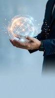 Businessman holding glowing digital globe with network connections and data points floating above palm representing global connectivity and technology innovation.