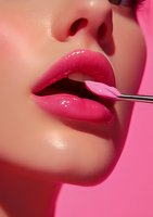 Close-up of glossy pink lips with makeup brush applying liquid lipstick against pink background, showcasing professional beauty and cosmetic application technique.