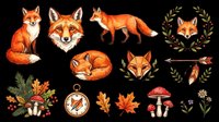 Red fox illustrations in various poses and autumn-themed elements isolated on transparent background, ready for t-shirt design, clipart, stickers, sublimation, and print-on-demand projects.