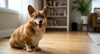 Adorable corgi dog wearing glasses sitting on wooden floor in modern living room interior with bookshelf and plants in background.