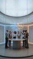 Diverse business team collaborating with holographic technology in futuristic meeting room for innovative presentations and digital transformation.